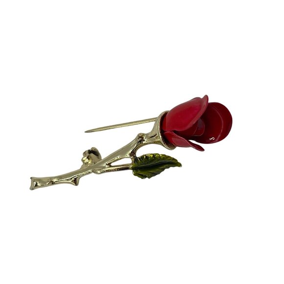 Vintage Enamel Red Rose Brooch Pin Gold Tone Stem & Leaf - Picture 2 of 4